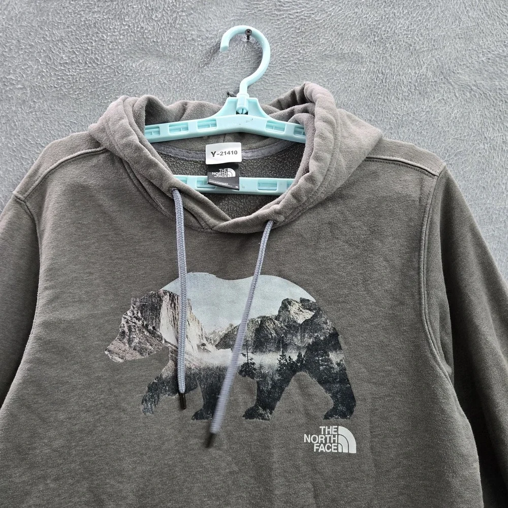 The North Face Men Hoodie M Gray Graphic Print Fleece Bear Mountains Logo